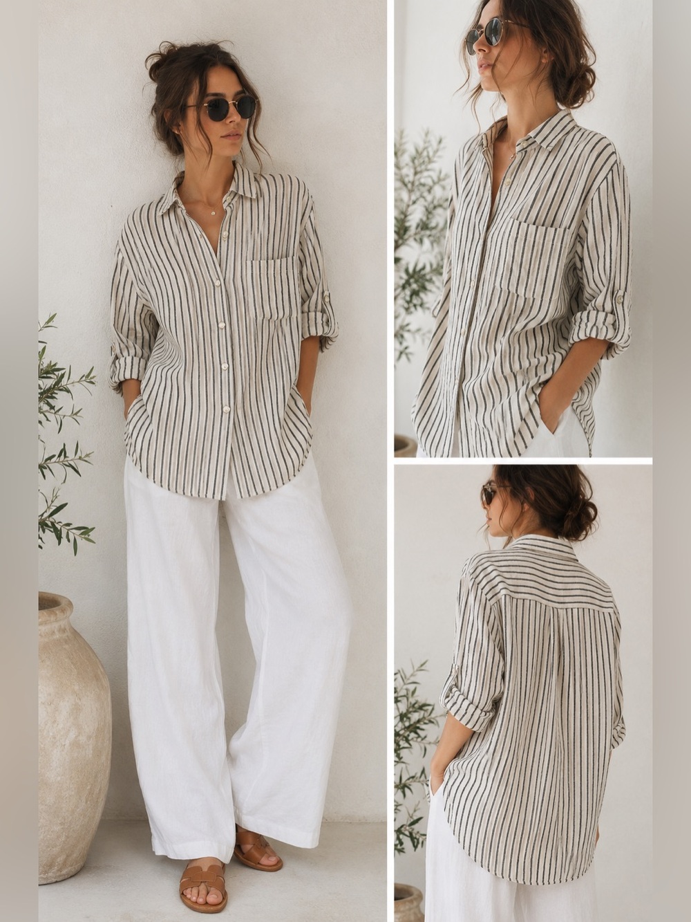 Tempo Paris Black & White Striped Linen Button-Up Roll Tab Shirt Oversized M/L